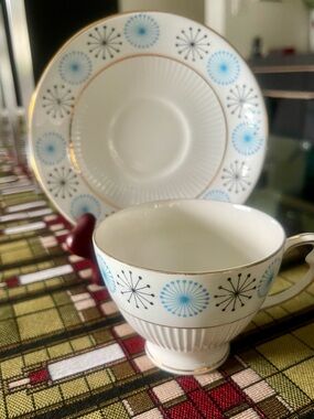 Rare Mid Century Modern Cup & Saucer with Blue Starburst Motif
